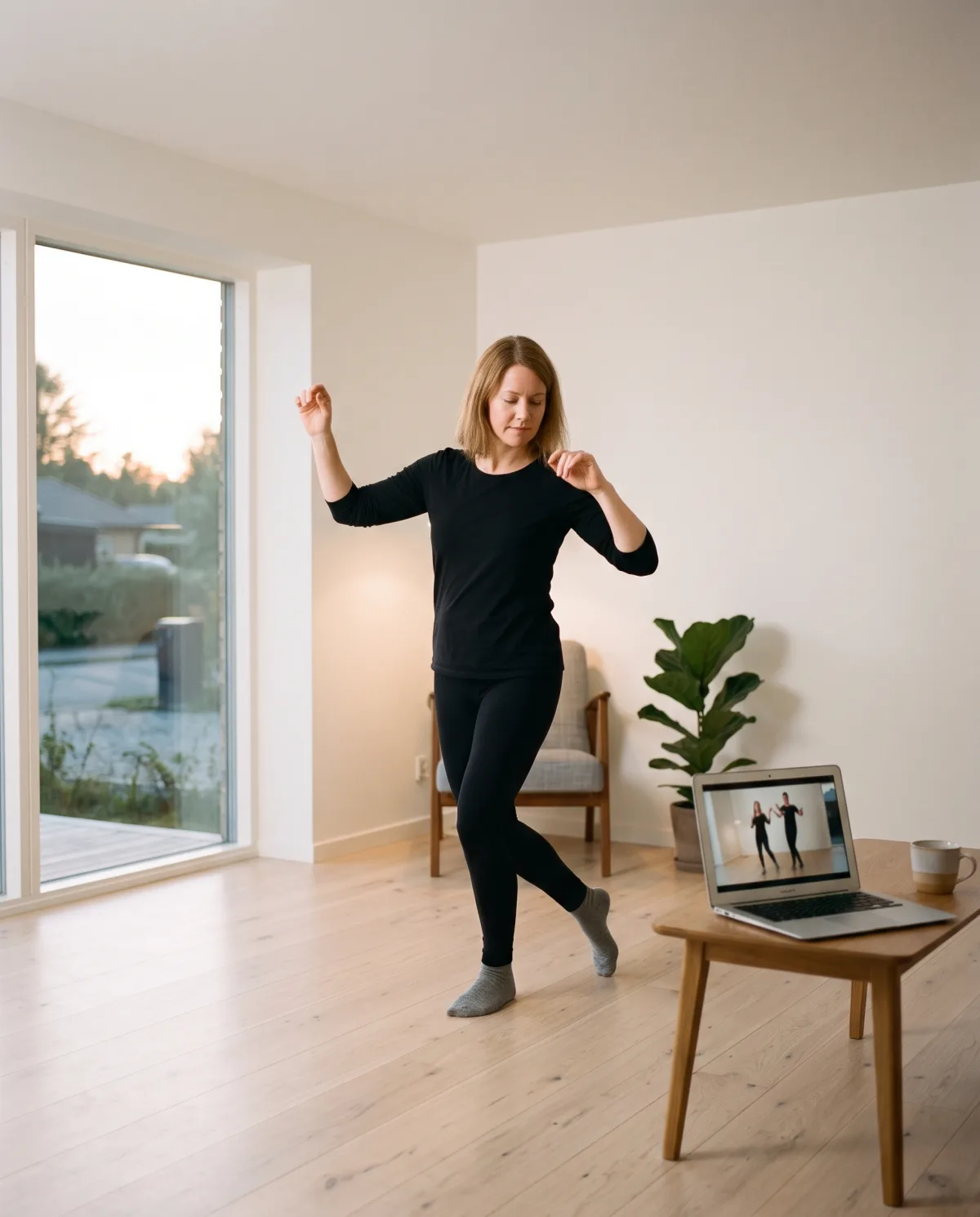 A woman practising a waltz step alone in her living room in evening light, a lesson playing on a laptop beside her.